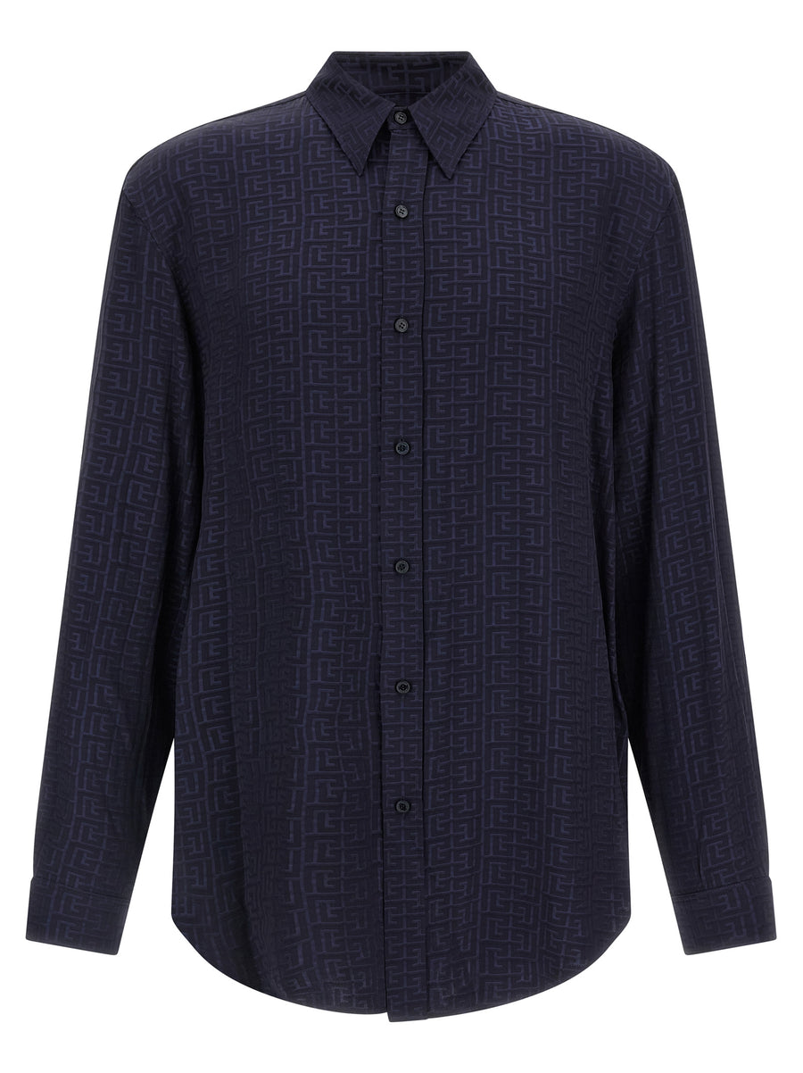 Balmain Jacquard Monogram Shirt For Men Luxury Blue Viscose With Textured Drape Finish