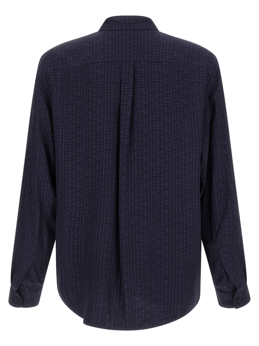 Balmain Jacquard Monogram Shirt For Men Luxury Blue Viscose With Textured Drape Finish