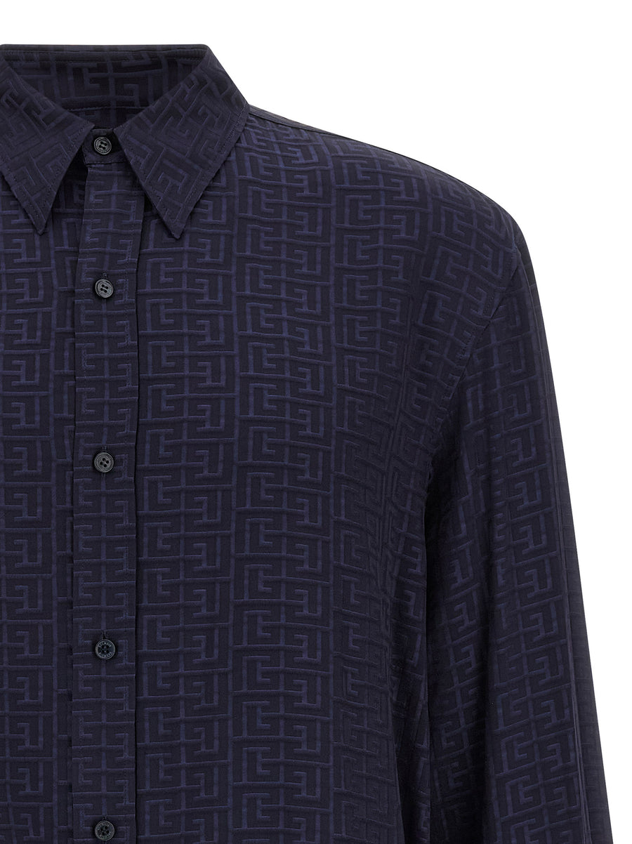 Balmain Jacquard Monogram Shirt For Men Luxury Blue Viscose With Textured Drape Finish