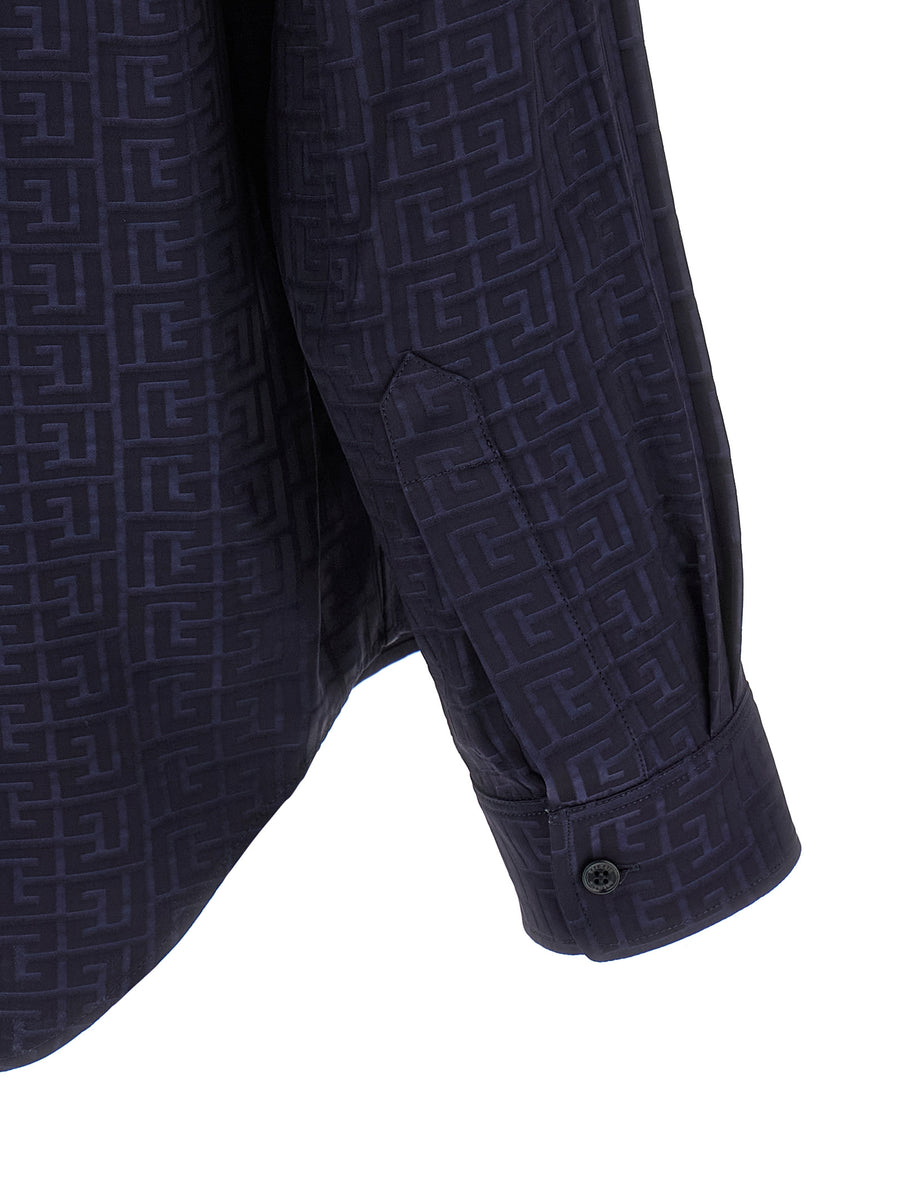 Balmain Jacquard Monogram Shirt For Men Luxury Blue Viscose With Textured Drape Finish