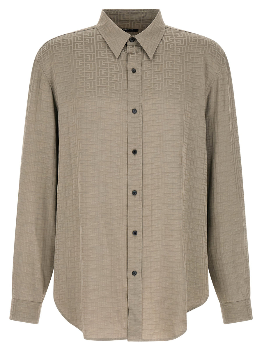 Balmain Jacquard Monogram Shirt For Men Allover Gray Viscose Polished Luxury Luxurious Texture Versatile