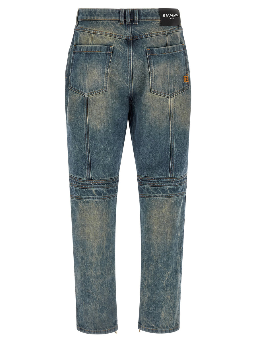 Balmain Biker Jeans for Men Premium Blue Denim with Knee Ribbed Inserts and Contrast Stitching