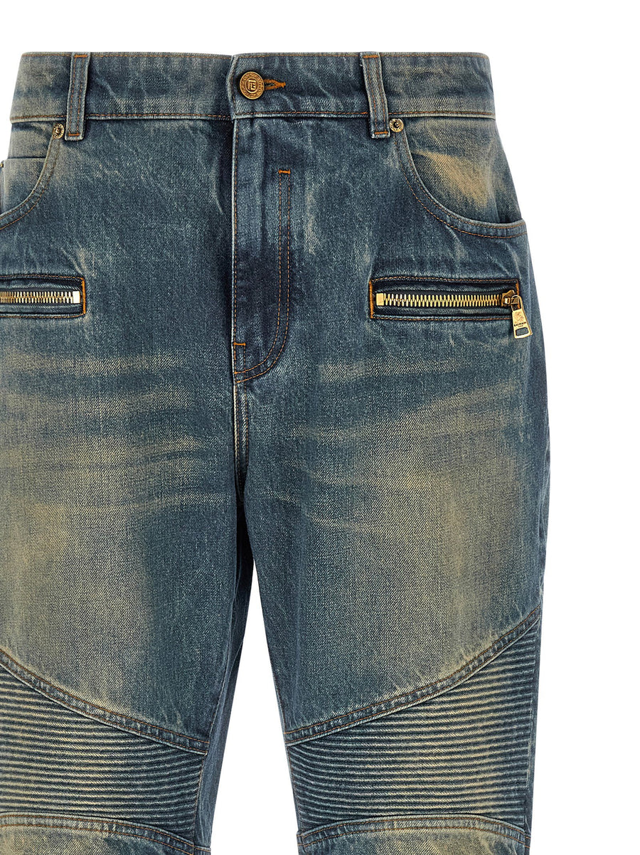 Balmain Biker Jeans for Men Premium Blue Denim with Knee Ribbed Inserts and Contrast Stitching