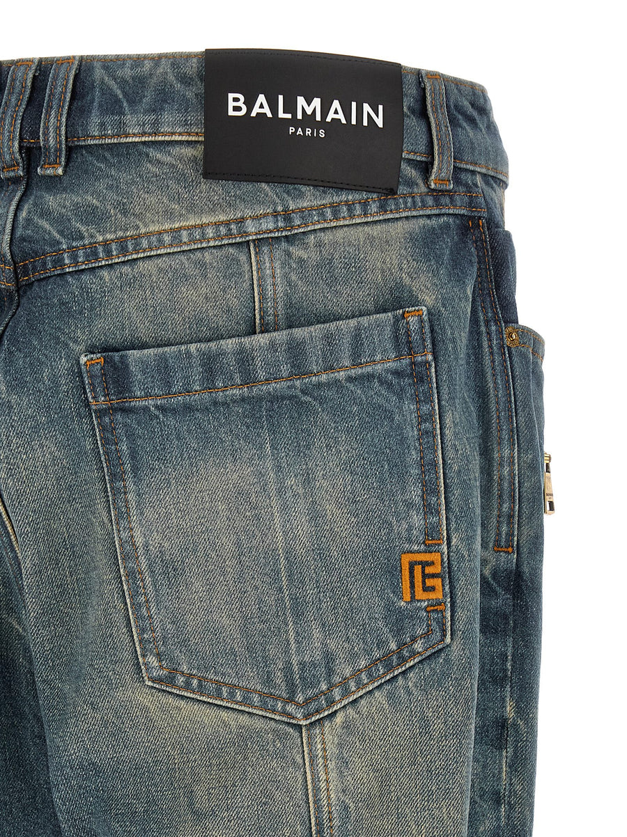 Balmain Biker Jeans for Men Premium Blue Denim with Knee Ribbed Inserts and Contrast Stitching