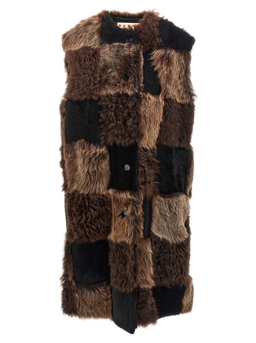 Marni Long Shearling Vest For Women Luxury Lamb Fur Outerwear With Checkerboard Inlay