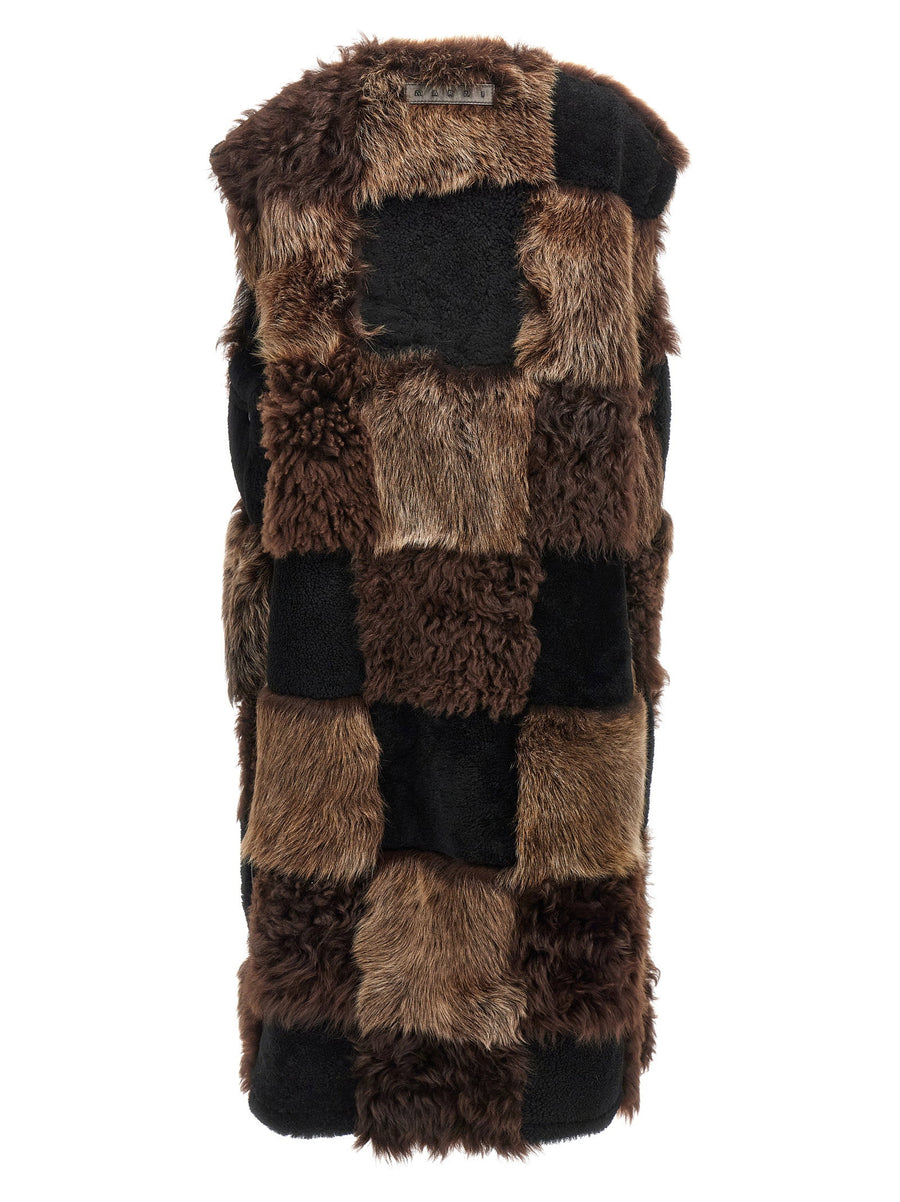 Marni Long Shearling Vest For Women Luxury Lamb Fur Outerwear With Checkerboard Inlay
