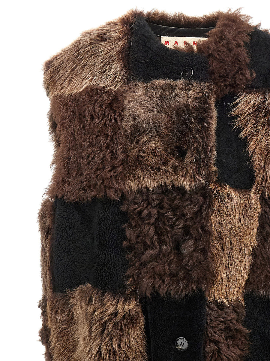 Marni Long Shearling Vest For Women Luxury Lamb Fur Outerwear With Checkerboard Inlay