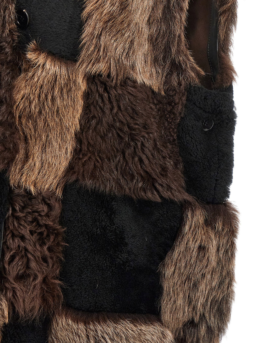 Marni Long Shearling Vest For Women Luxury Lamb Fur Outerwear With Checkerboard Inlay