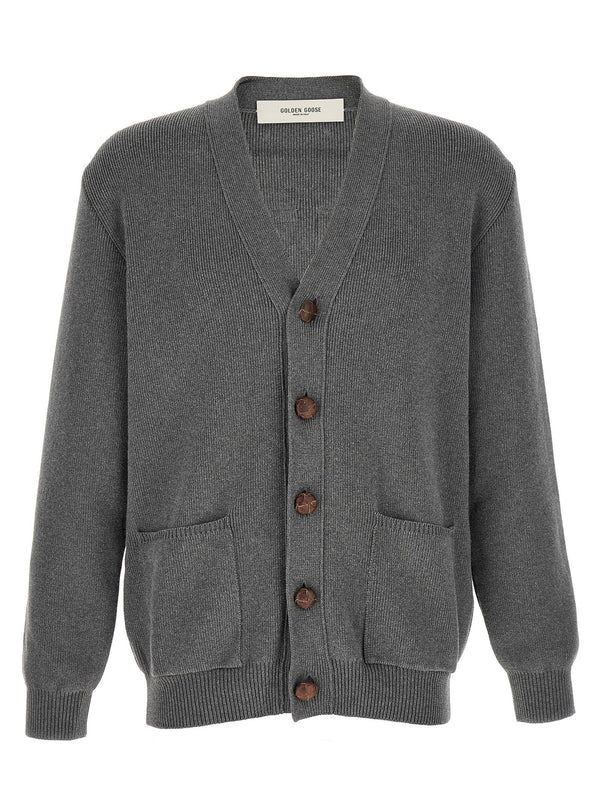Golden Goose Gray Logo Cardigan For Men With Back Patch And Patch Pockets