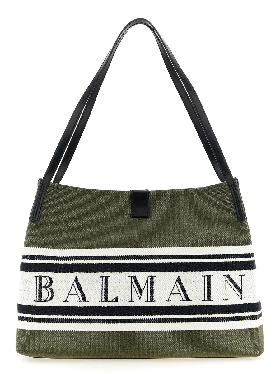 Balmain Green Canvas Shopping Bag With Calf Leather Details For Women Luxurious Everyday Use