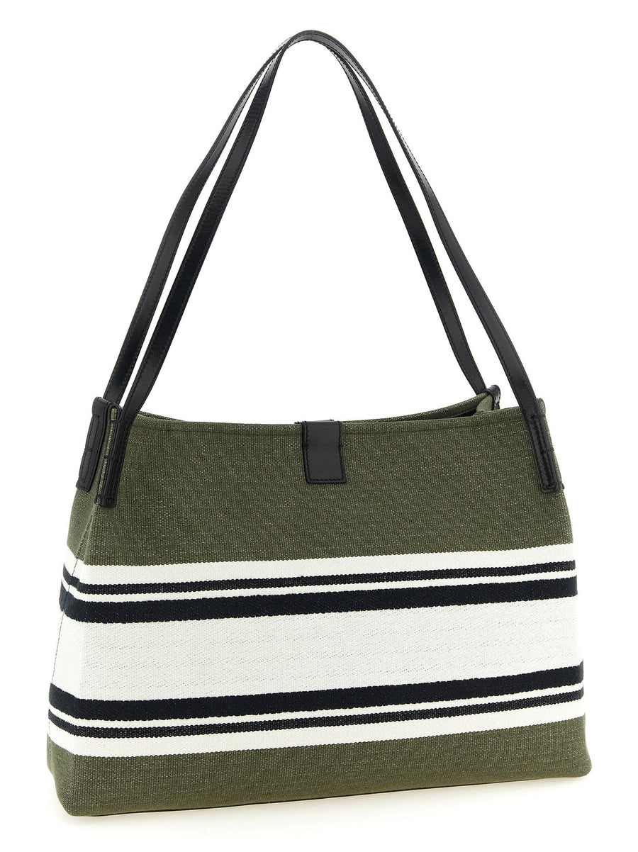 Balmain Green Canvas Shopping Bag With Calf Leather Details For Women Luxurious Everyday Use