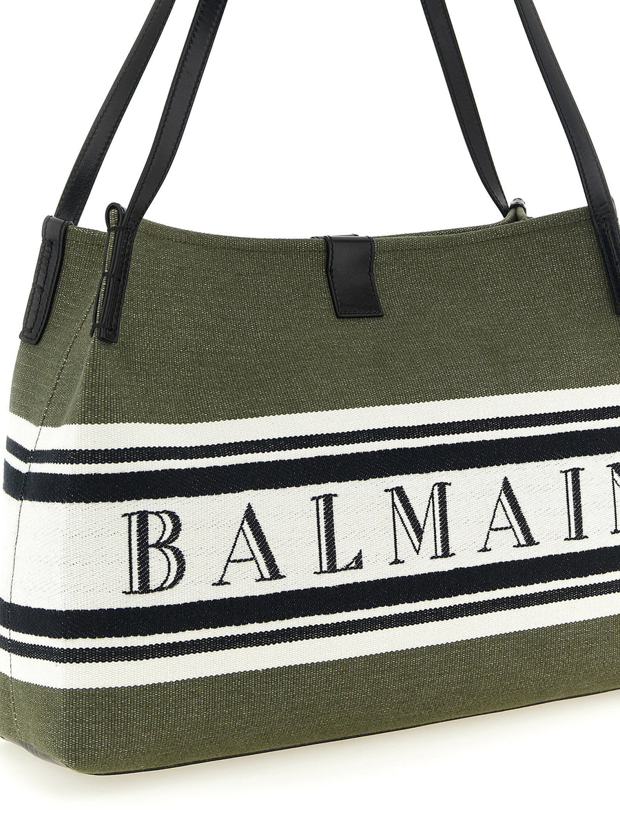 Balmain Green Canvas Shopping Bag With Calf Leather Details For Women Luxurious Everyday Use