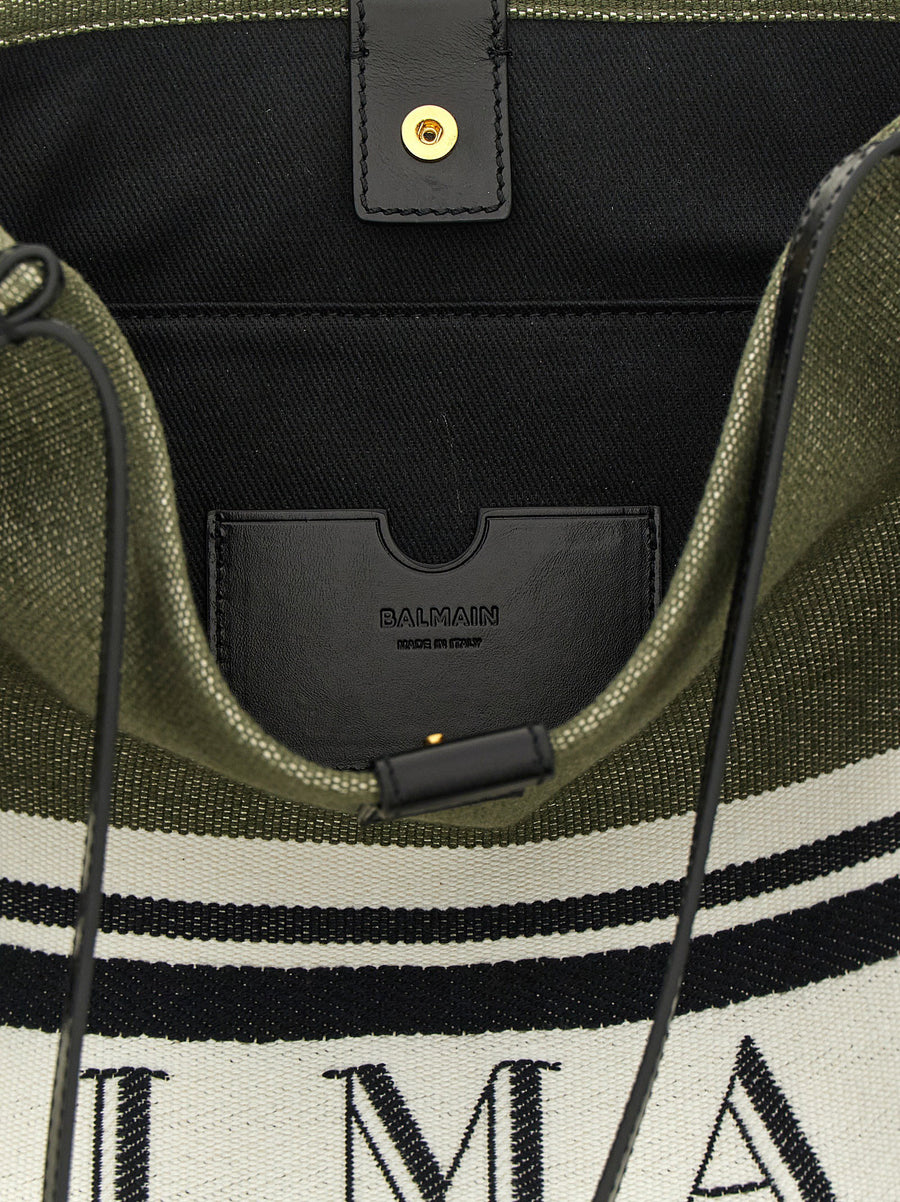 Balmain Green Canvas Shopping Bag With Calf Leather Details For Women Luxurious Everyday Use