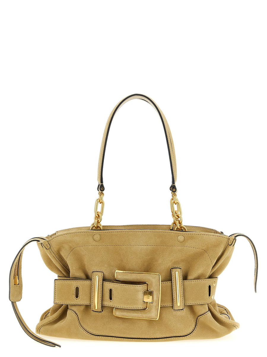 Balmain Anthem Shoulder Bag For Women With Signature Belt Buckle And Calfskin Beige
