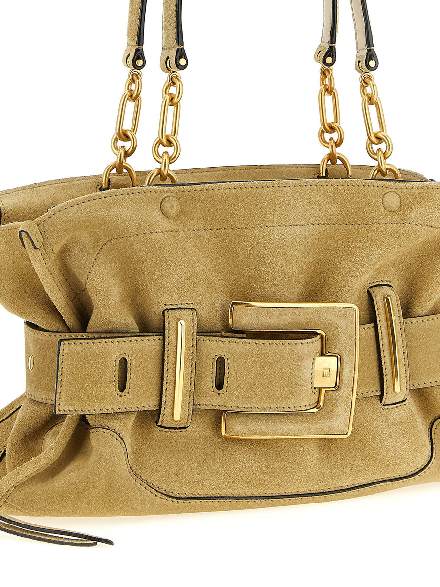 Balmain Anthem Shoulder Bag For Women With Signature Belt Buckle And Calfskin Beige
