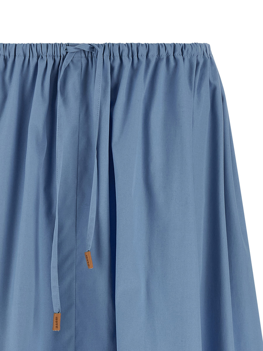 Marni Poplin Skirt Pure Cotton Poplin Light Blue Midi With Drawstring Waist Leather Logo Details For Women