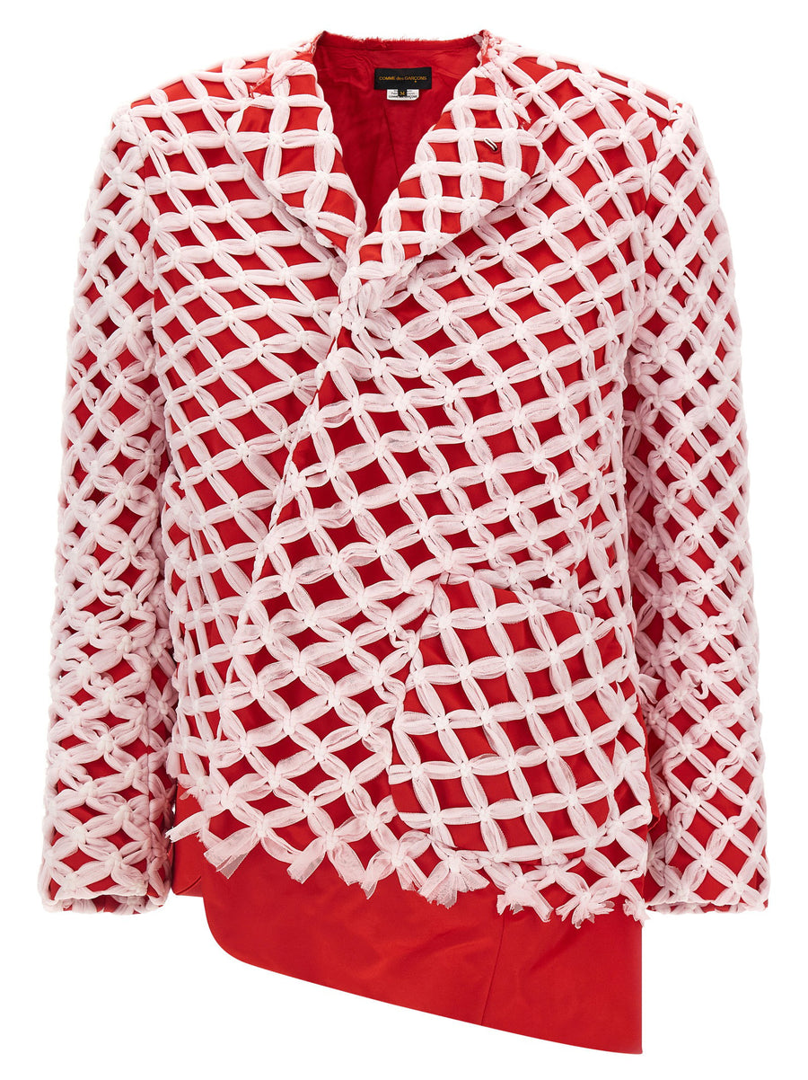 Comme Des Garcons Tulle Weave Blazer For Women Luxurious Satin Finish And Asymmetric Hem