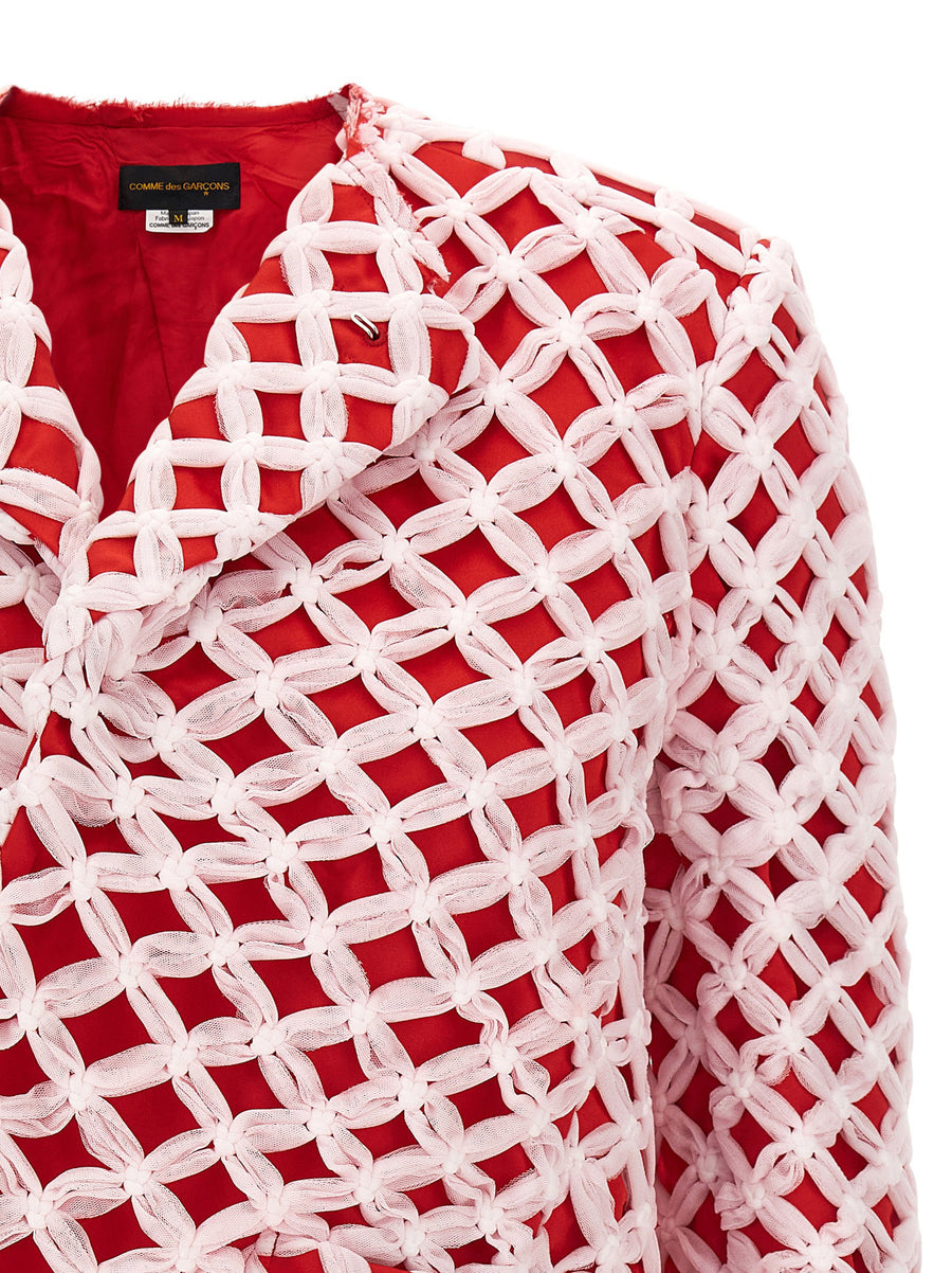 Comme Des Garcons Tulle Weave Blazer For Women Luxurious Satin Finish And Asymmetric Hem