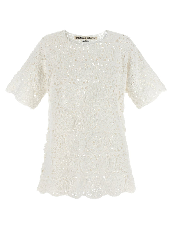 Comme Des Garcons Premium Macrame T Shirt Women 100 Percent Cotton Crewneck With Asymmetric Hem
