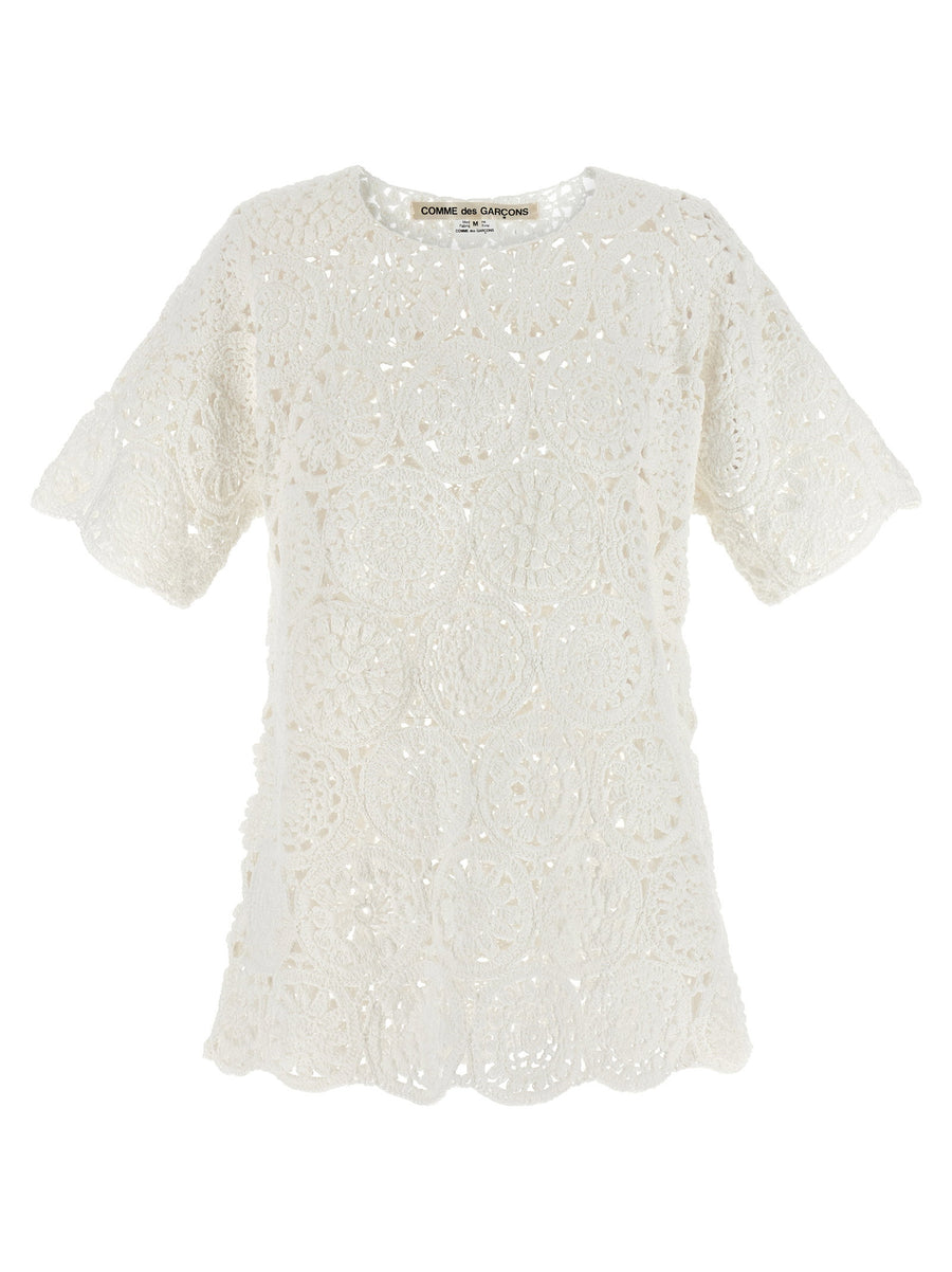 Comme Des Garcons Premium Macrame T Shirt Women 100 Percent Cotton Crewneck With Asymmetric Hem