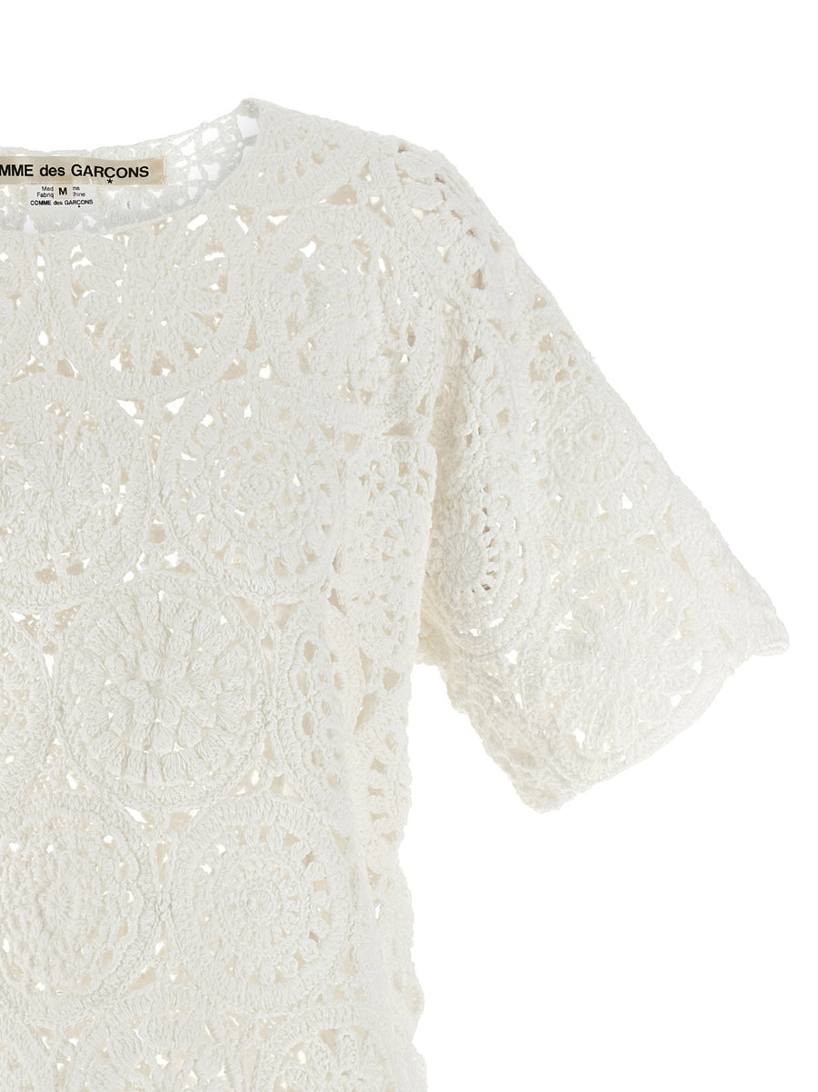 Comme Des Garcons Premium Macrame T Shirt Women 100 Percent Cotton Crewneck With Asymmetric Hem