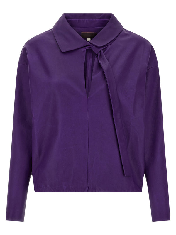 Stouls Graziela Leather Blouse For Women Purple Plonge Lamb Leather Architectural Detail Bold Statement