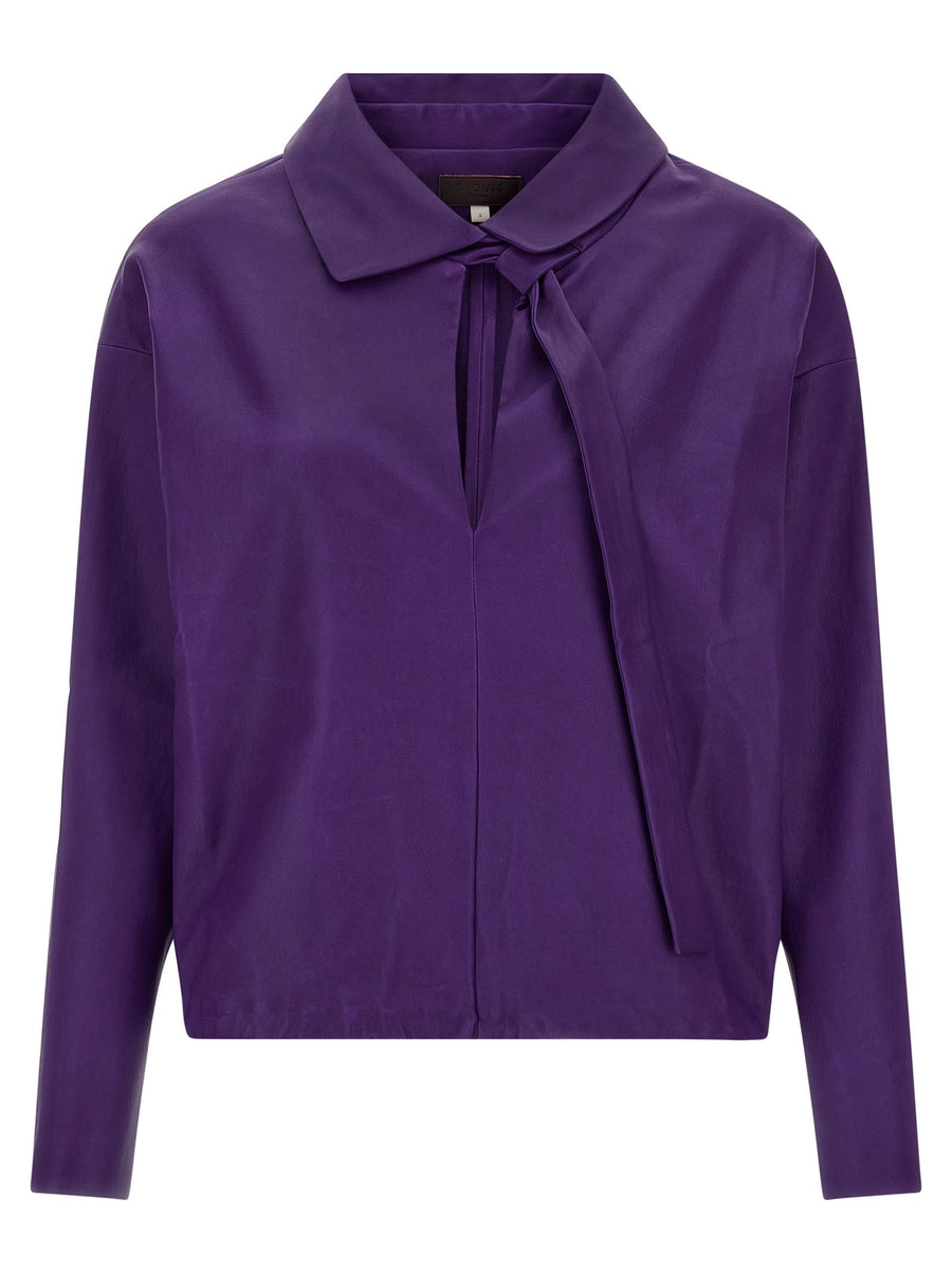 Stouls Graziela Leather Blouse For Women Purple Plonge Lamb Leather Architectural Detail Bold Statement