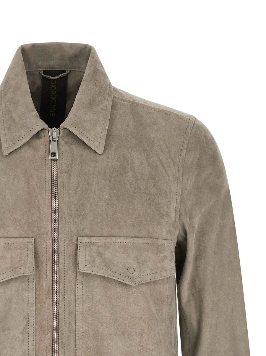 Giorgio Brato Luxury Suede Jacket For Men With Stretch Velour Front Zip Gray Timeless Premium Outerwear