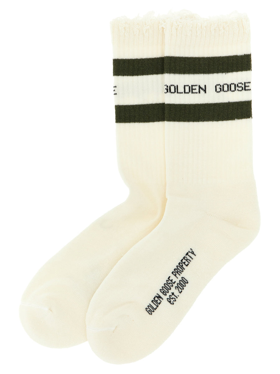 Golden Goose Distressed Cotton Socks With Forest Green Bands
