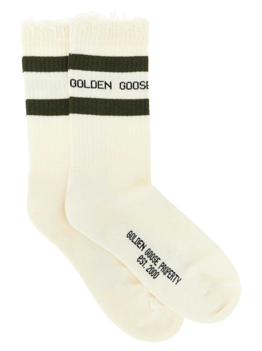 Golden Goose Distressed Cotton Socks With Forest Green Bands
