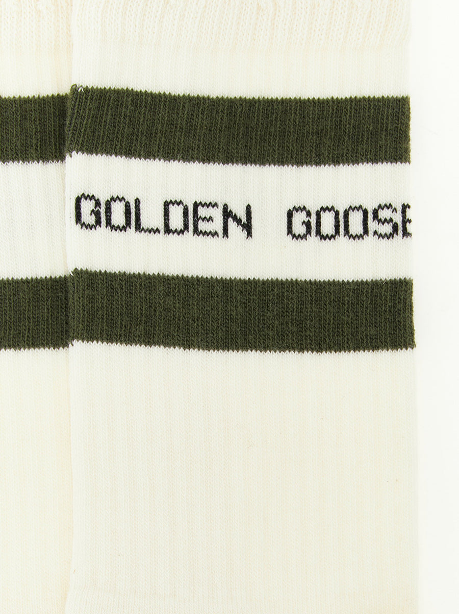 Golden Goose Distressed Cotton Socks With Forest Green Bands