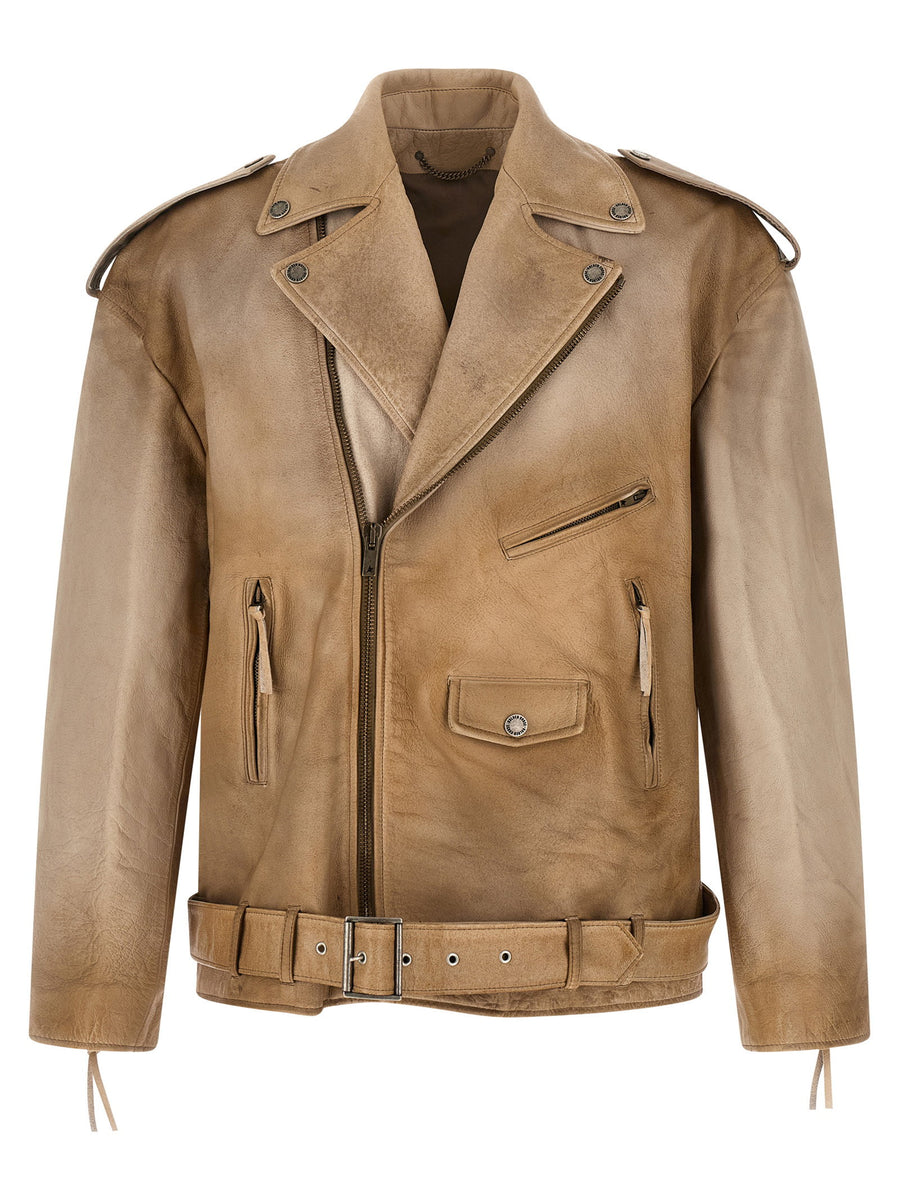 Golden Goose Buffalo Leather Biker Jacket For Men With Vintage Inspired Durable Style Beige
