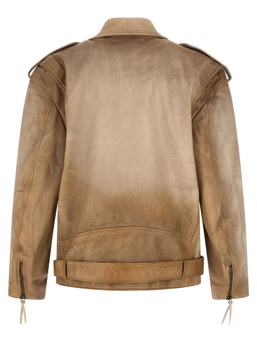 Golden Goose Buffalo Leather Biker Jacket For Men With Vintage Inspired Durable Style Beige