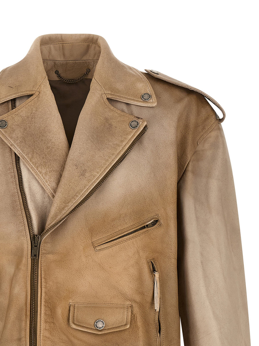Golden Goose Buffalo Leather Biker Jacket For Men With Vintage Inspired Durable Style Beige