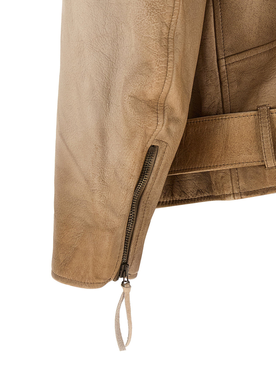 Golden Goose Buffalo Leather Biker Jacket For Men With Vintage Inspired Durable Style Beige