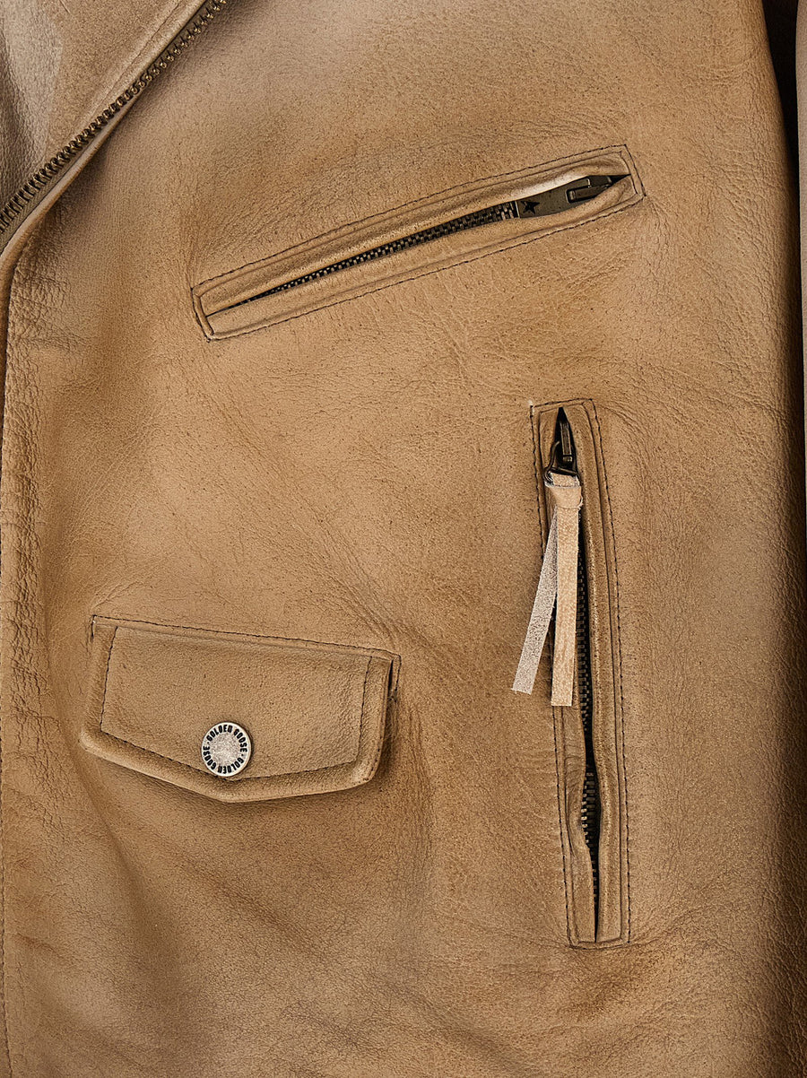 Golden Goose Buffalo Leather Biker Jacket For Men With Vintage Inspired Durable Style Beige