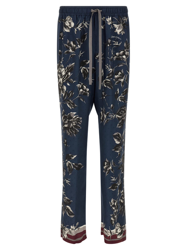Dolce And Gabbana Vanity Silk Twill Pants Peonie Print With Blue Piping