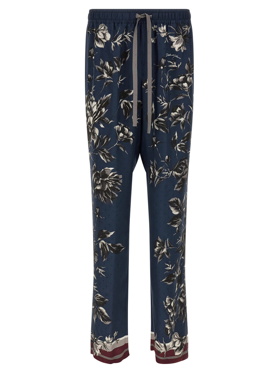 Dolce And Gabbana Vanity Silk Twill Pants Peonie Print With Blue Piping