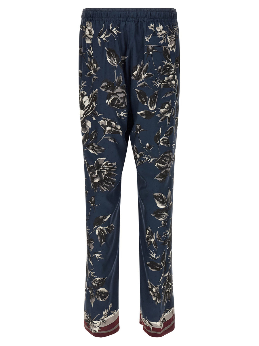 Dolce And Gabbana Vanity Silk Twill Pants Peonie Print With Blue Piping