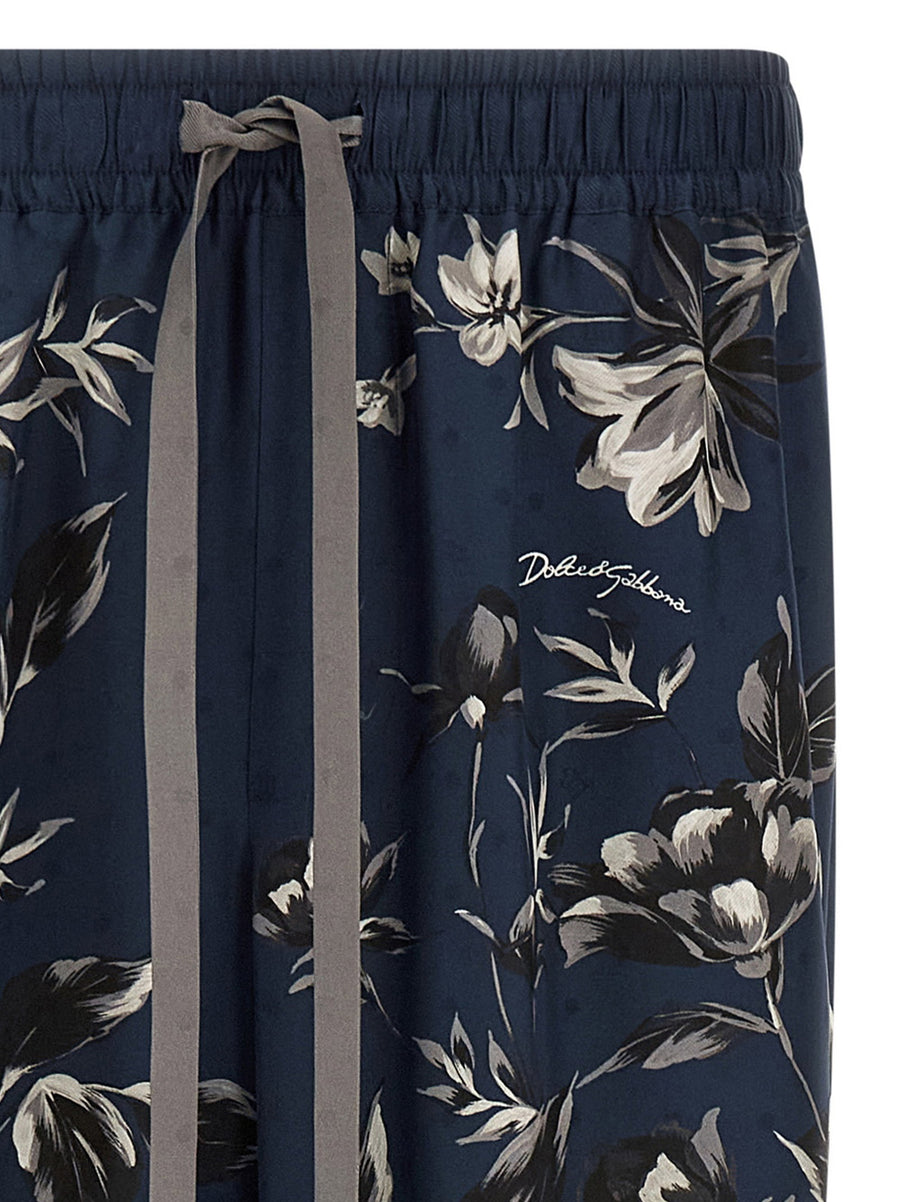 Dolce And Gabbana Vanity Silk Twill Pants Peonie Print With Blue Piping