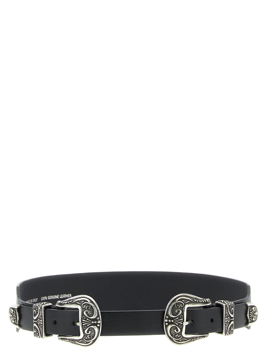 Golden Goose Double Buckle Belt Western Washed Leather For Women With Metal Inlays