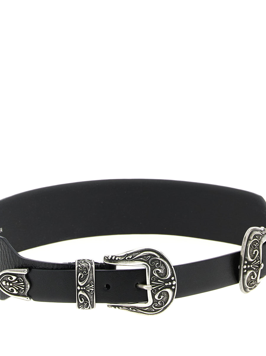 Golden Goose Double Buckle Belt Western Washed Leather For Women With Metal Inlays
