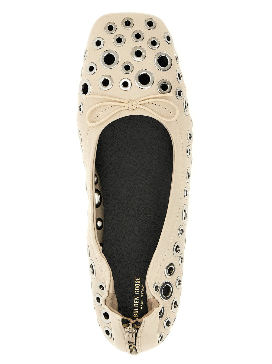 Golden Goose Amy Nappa Ballet Flats White Vintage Studded Back Zip For Women Luxury
