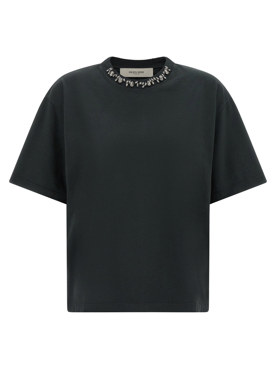 Golden Goose Crystal Crew Neck Organic Cotton T Shirt With Black Crystals