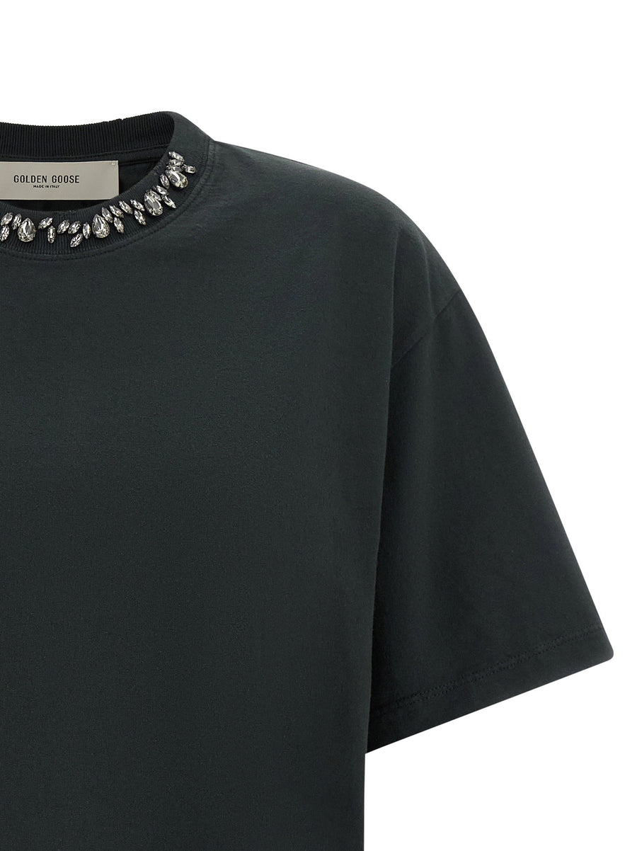 Golden Goose Crystal Crew Neck Organic Cotton T Shirt With Black Crystals