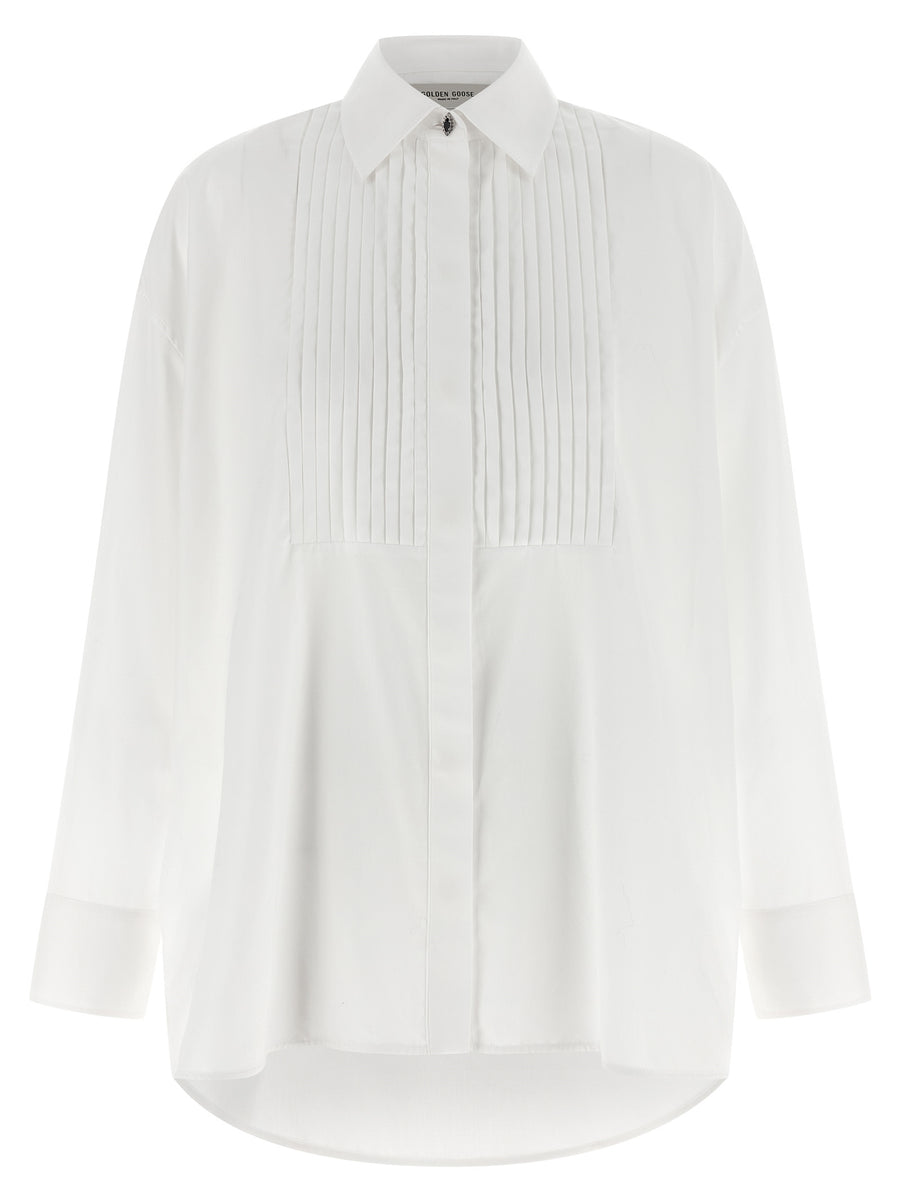 Golden Goose Journey Shirt For Women Luxury White Cotton Poplin With Asymmetric Hem And Jewel Button Detailing