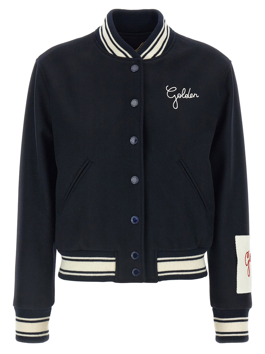 Golden Goose Dirce Bomber Jacket For Women Blue Virgin Wool Blend With Signature Branding
