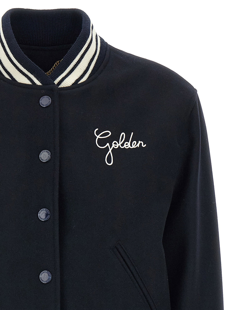 Golden Goose Dirce Bomber Jacket For Women Blue Virgin Wool Blend With Signature Branding