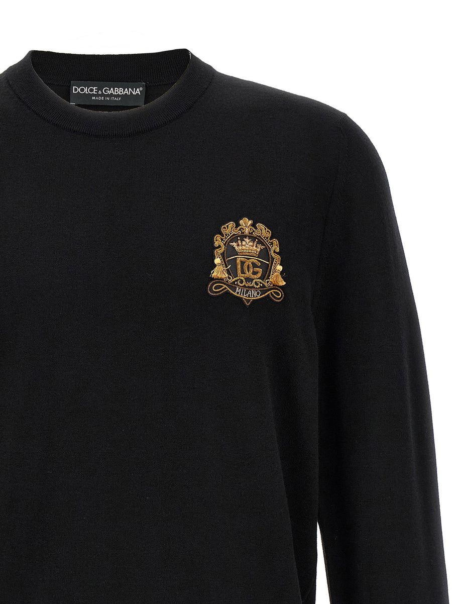 Dolce and Gabbana Coat Of Arms Wool Sweater For Women Heraldic Crest Patch Virgin Wool Crew Neck Luxury Knitwear