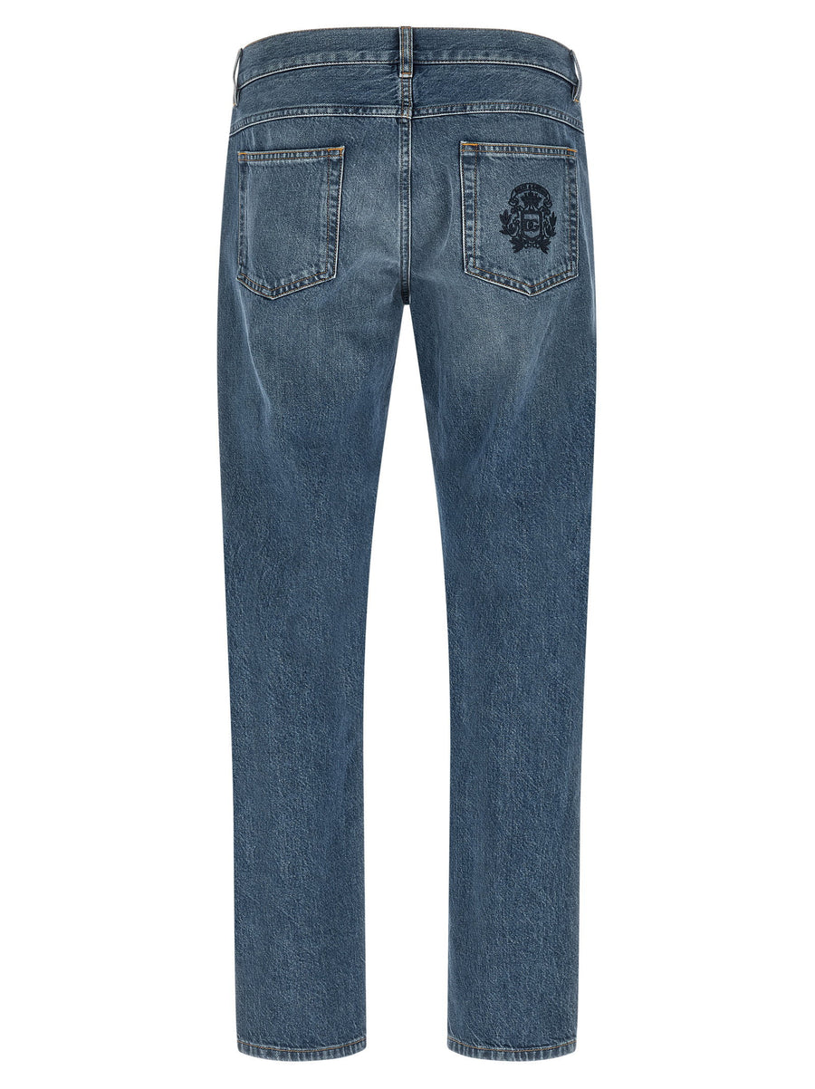 Dolce & Gabbana Heraldic Embroidery Jeans For Women, 100% Cotton Luxurious Stonewashed Denim, Straight Leg